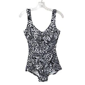 Maxine Of Hollywood Shirred OnePiece Swimsuit Size 12 Black White Floral Print